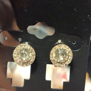 Clip Earrings - Silver With Clear Crystal Center With Clear Crystal Border